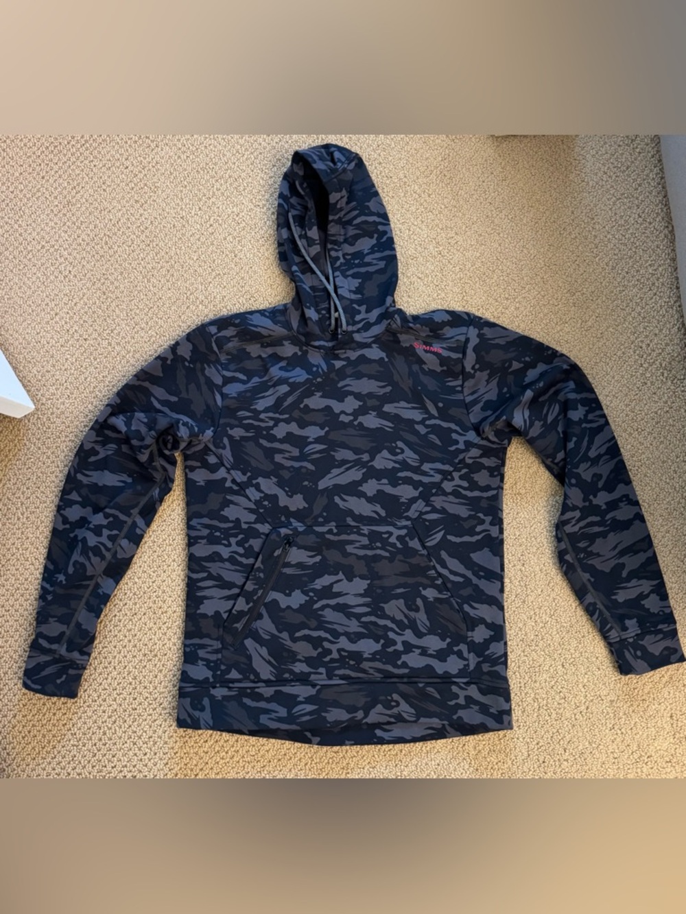 Simms Men's Solar CX Hoody in Ghost Camo Black pattern, size M